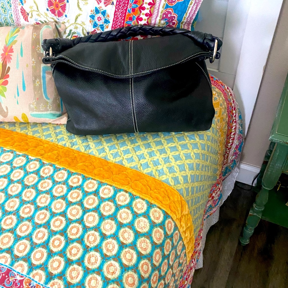 VINTAGE RALPH LAUREN LEATHER MEDIUM HOBO SHOULDER BAG-BLACK